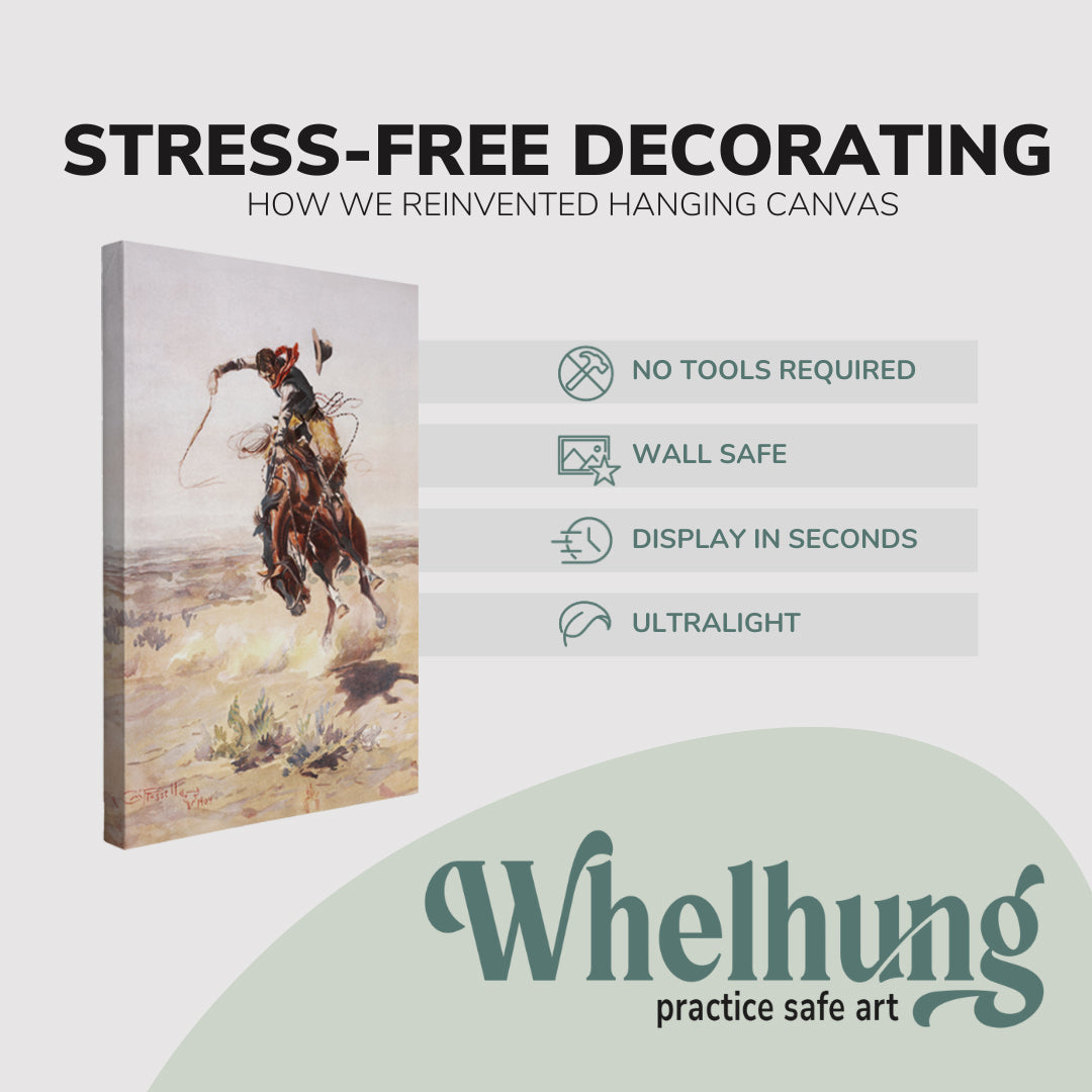 Single, 2:3 vertical easy to hang canvas print on a graphic displaying the stress-free decorating Whelhung offers, how we reinvented hanging canvas: "no tools required", "wall safe", "display in seconds" and "ultralight." 