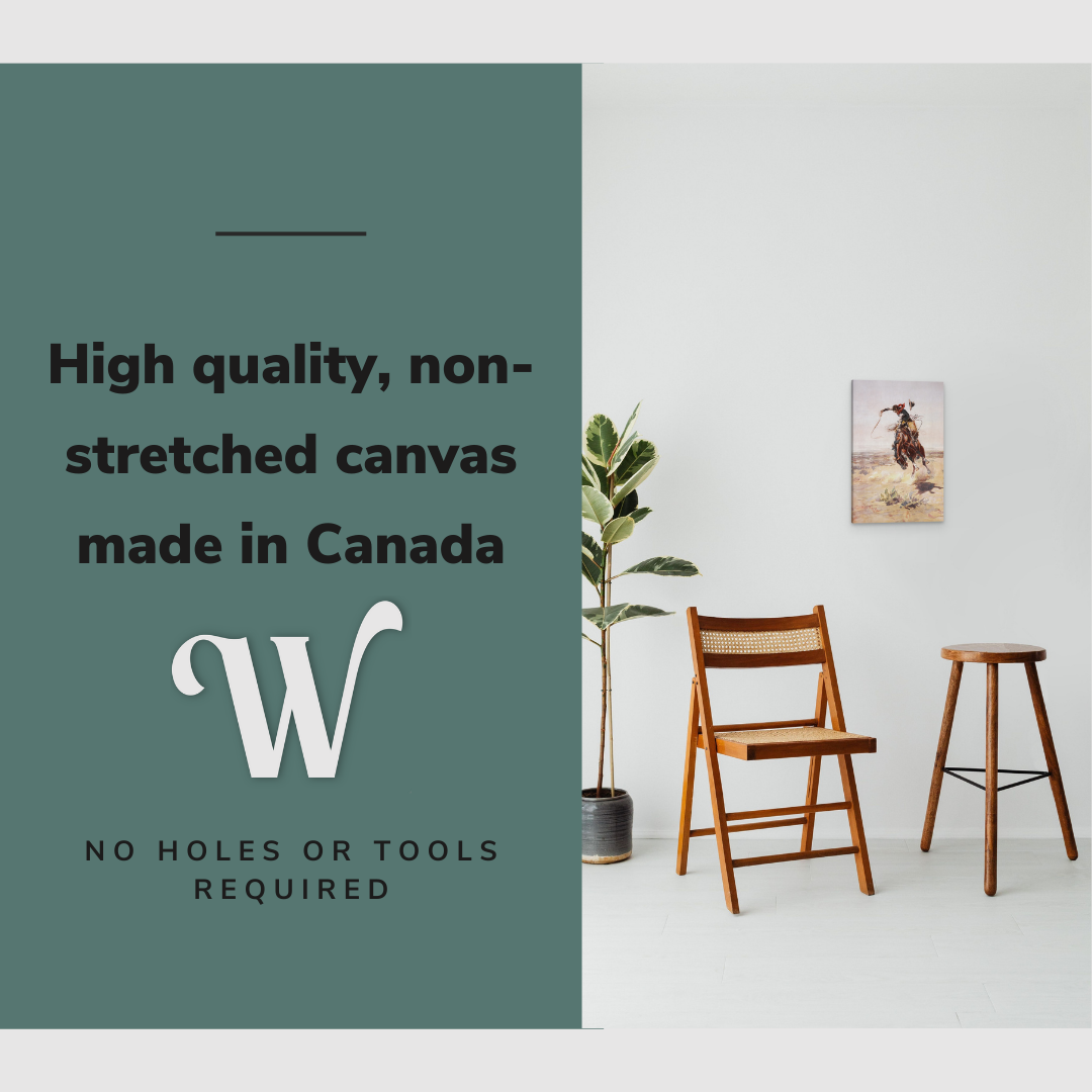 Lifestyle image of the vertical 12x18” inch easy to hang canvas wall art hung in a hallway above a chair and stool with graphic saying "High quality, non-stretched canvas made in Canada."