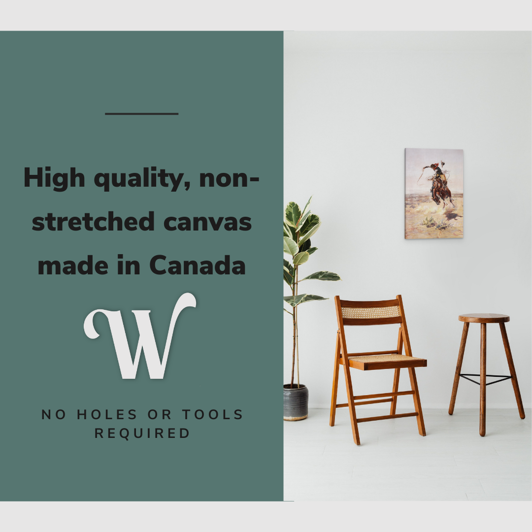 Lifestyle image of the vertical 16x24” inch easy to hang canvas wall art hung in a hallway above a chair and stool with graphic saying "High quality, non-stretched canvas made in Canada."