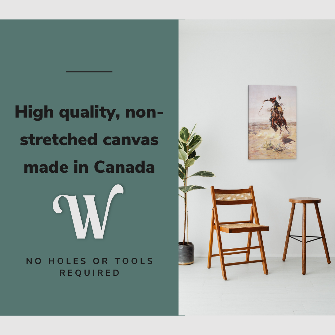 Lifestyle image of the vertical, 20x30” inch easy to hang canvas wall art hung in a hallway above a chair with graphic saying "High quality, non-stretched canvas made in Canada"