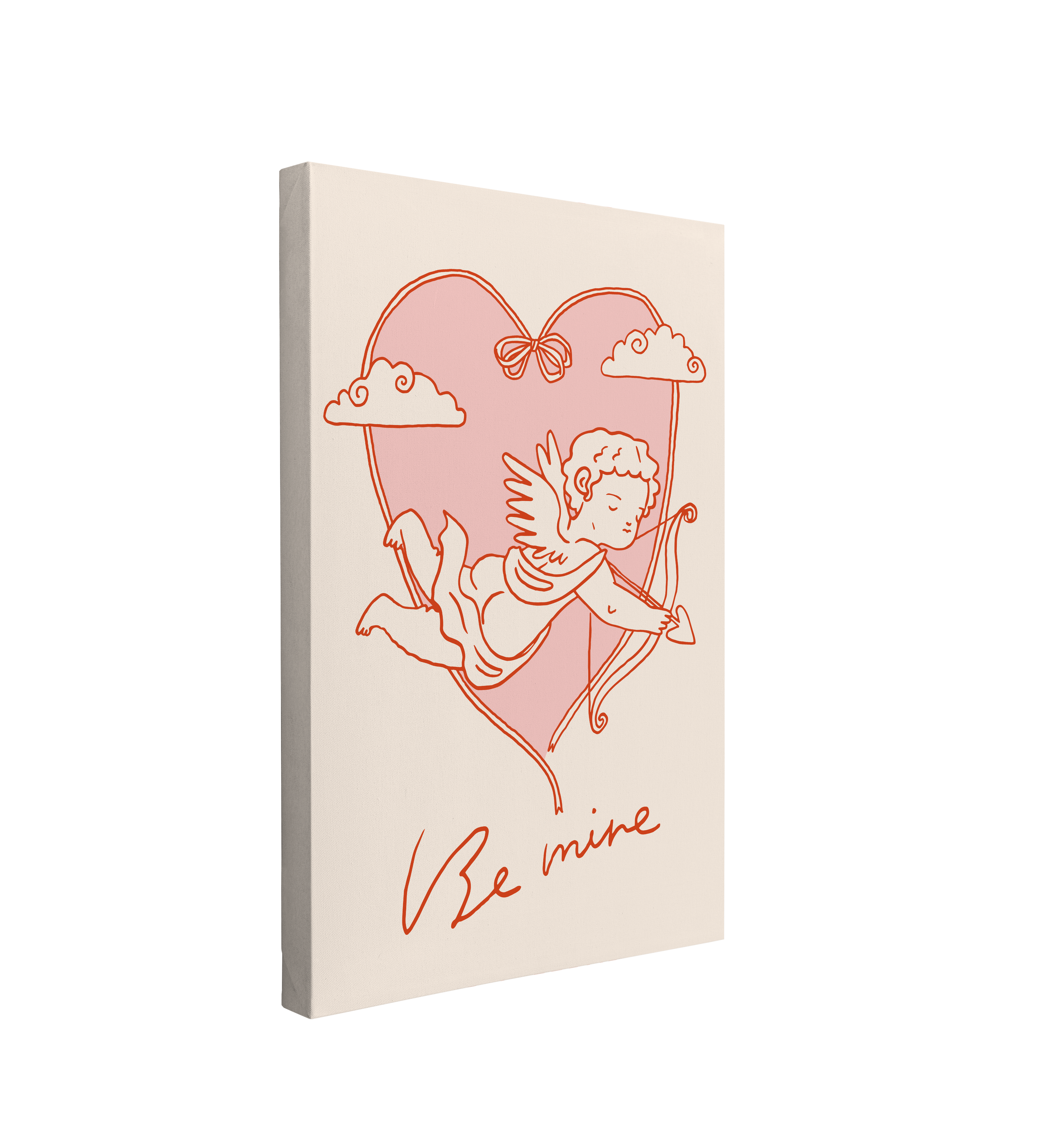 single, 2:3 vertical easy to hang canvas print on a transparent background featuring an image of a graphic of Cupid with his bow and arrow in front of a pink heart with red font, "Be Mine" 