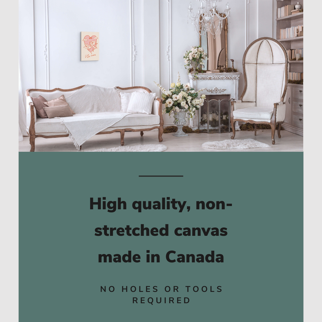 Lifestyle image of the vertical, 12x18 inch easy to hang canvas wall art hung in in a living room above a couch with graphic saying "High quality, non-stretched canvas made in Canada"