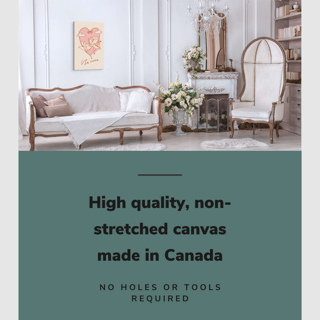 Lifestyle image of the vertical, 20x30 inch easy to hang canvas wall art hung in in a living room above a couch with graphic saying "High quality, non-stretched canvas made in Canada"