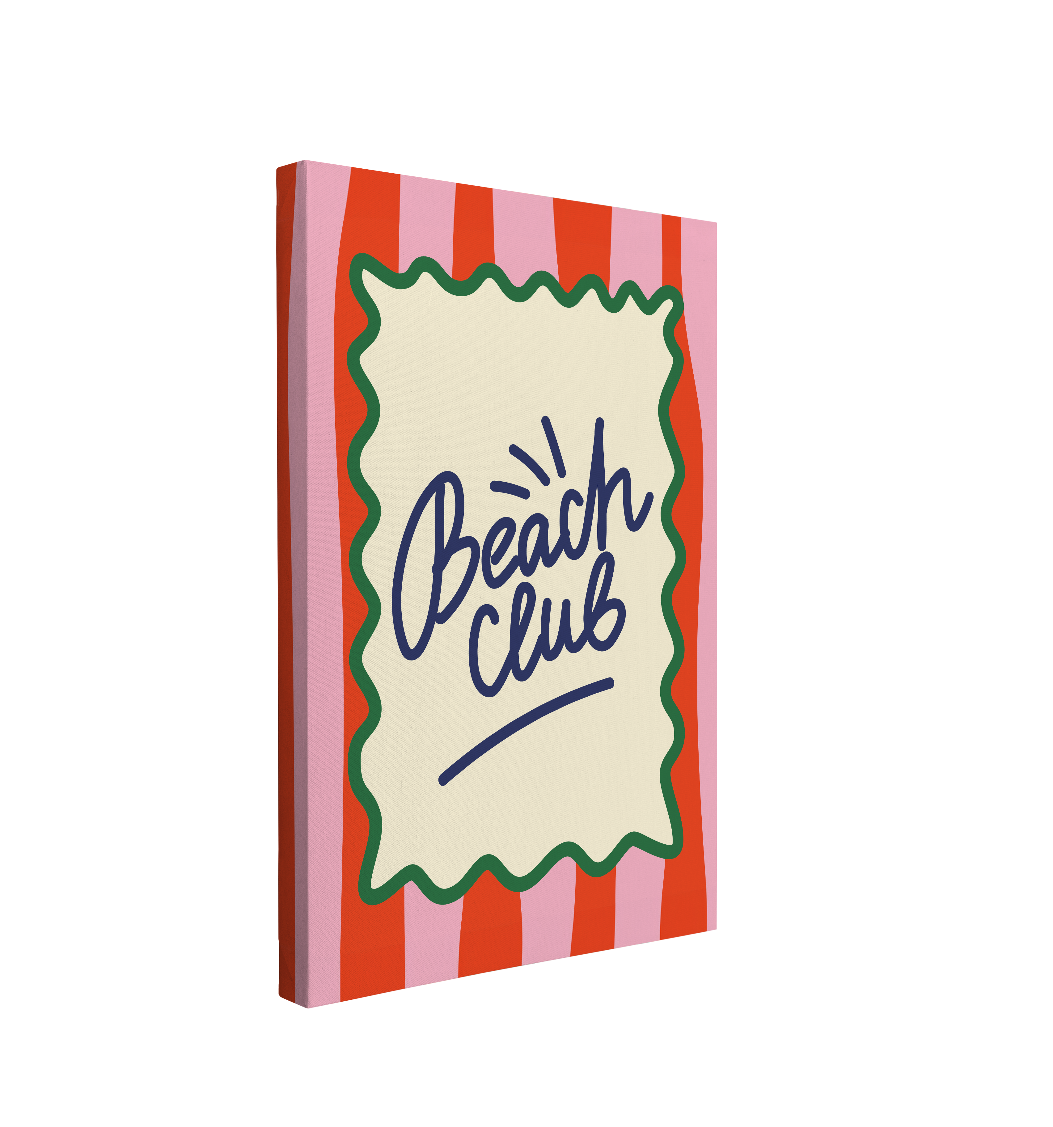 Single, 2:3 ratio vertical easy to hang canvas prints on a transparent background featuring an image of the blue cursive word, "Beach Club" on a yellow and green square with a red and pink striped background.