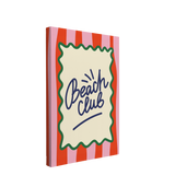 Single, 2:3 ratio vertical easy to hang canvas prints on a transparent background featuring an image of the blue cursive word, "Beach Club" on a yellow and green square with a red and pink striped background.