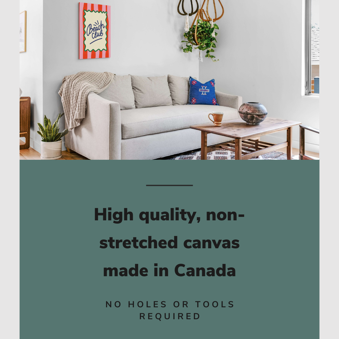 Lifestyle image of the vertical 20x30" inch easy to hang canvas wall art hung above a couch in a coastal styled living room with graphic saying "High quality, non-stretched canvas made in Canada"