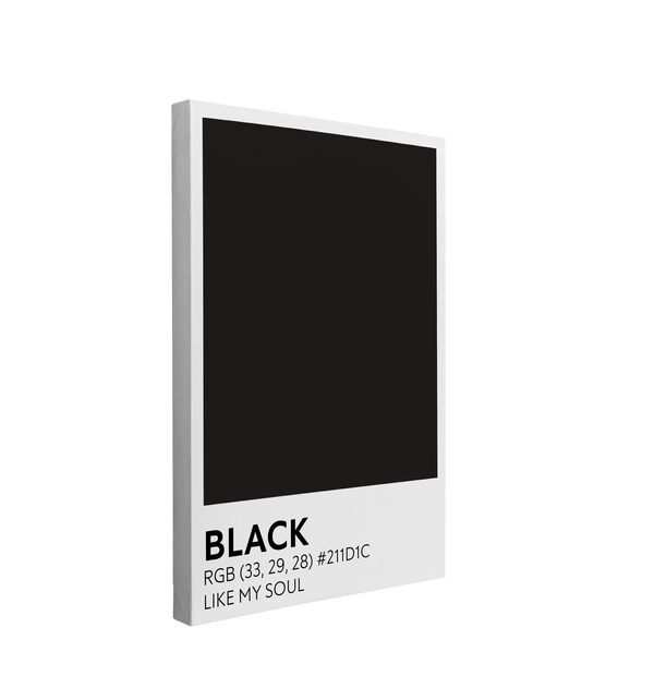 single, 2:3 vertical easy to hang canvas print on a transparent background featuring an image of a black color swatch labeled "Black" with the RBG code and "Like My Soul" at the bottom