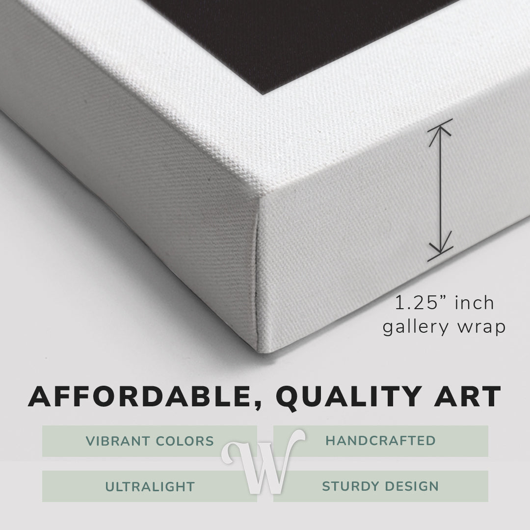 Corner shot of a Whelhung easy to hang canvas print showing the 1.25" inch gallery wrap thickness and graphic saying "Affordable, Quality Art", "Vibrant Colors", "Handcrafted", "Ultralight" and "Sturdy Design."