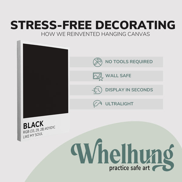 single, 2:3 vertical easy to hang canvas print on a graphic displaying the stress-free decorating Whelhung offers, how we reinvented hanging canvas: "no tools required", "wall safe"", "display in seconds" and "ultralight."