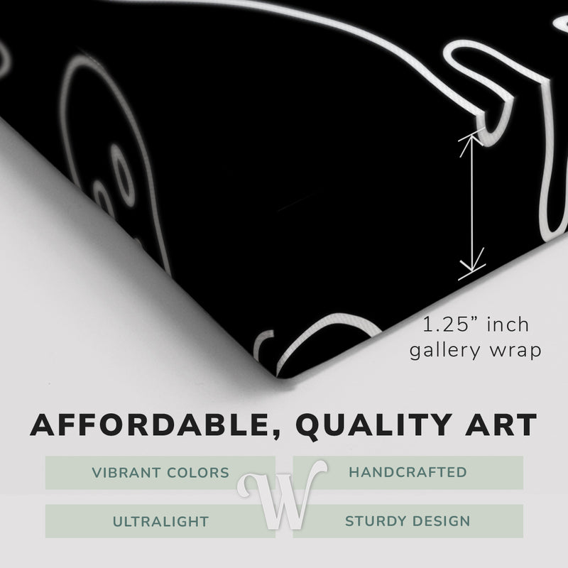 Corner shot of a Whelhung easy to hang canvas print showing the 1.25” inch gallery wrap thickness and graphic saying "Affordable, Quality Art", "Vibrant Colors", "Handcrafted", "Ultralight" and "Sturdy Design."