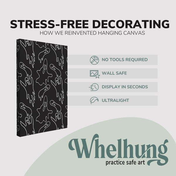 single, 2:3 vertical easy to hang canvas print on a graphic displaying the stress-free decorating Whelhung offers, how we reinvented hanging canvas: "no tools required", "wall safe"", "display in seconds" and "ultralight."