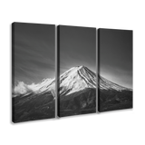 3 Panel, 2:1 vertical easy to hang canvas print on a transparent background featuring an image of three parts of a full photograph of a black and white photograph of Mount Fuji in Japan