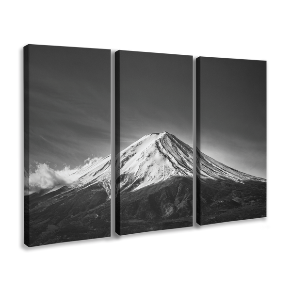 3 Panel, 2:1 vertical easy to hang canvas print on a transparent background featuring an image of three parts of a full photograph of a black and white photograph of Mount Fuji in Japan