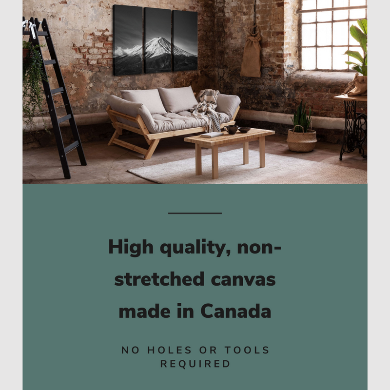 Lifestyle image of the vertical, 30x60 inch easy to hang canvas wall art hung in a living room above a couch and coffee table with graphic saying "High quality, non-stretched canvas made in Canada"