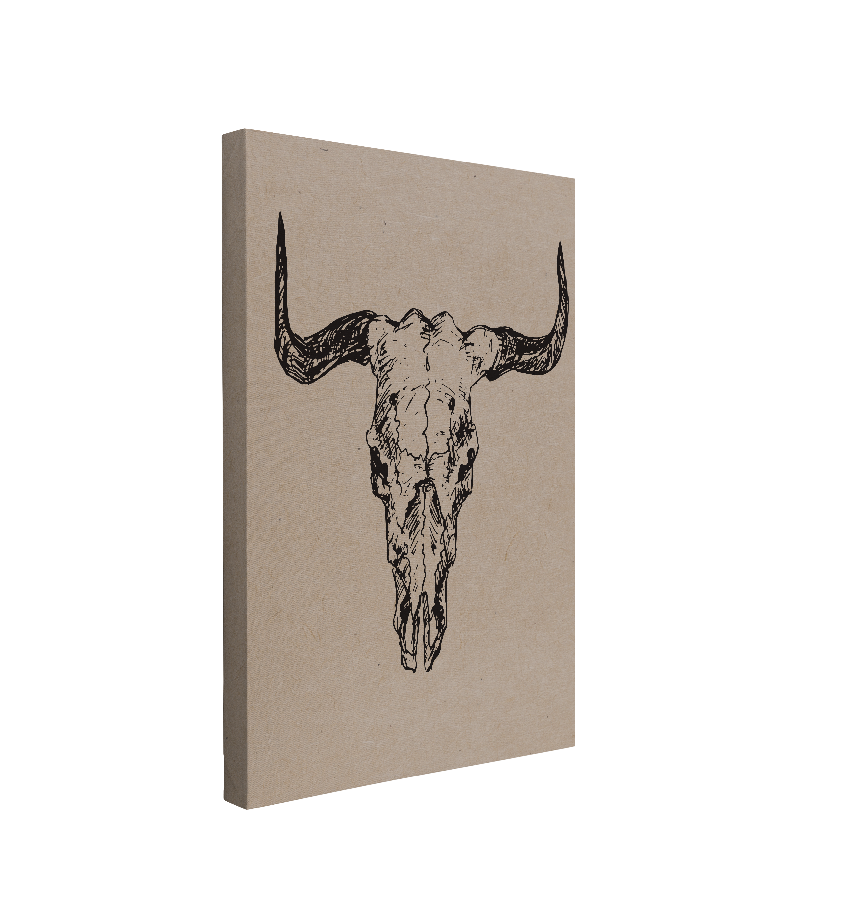 Single, 2:3 vertical easy to hang canvas print on a transparent background featuring an image of a graphic of a bull skull on a rustic brown background.