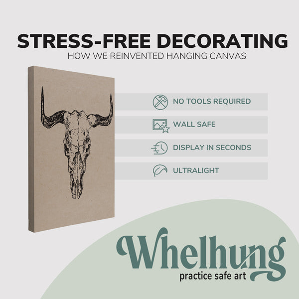 Single, 2:3 vertical easy to hang canvas print on a graphic displaying the stress-free decorating Whelhung offers, how we reinvented hanging canvas: "no tools required", "wall safe", "display in seconds" and "ultralight."