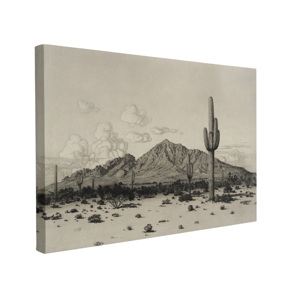 Single, 2:3 horizontal easy to hang canvas print on a transparent background featuring an image of Camelback mountain sketched in black and white on a beige rustic background with cactus and clouds.