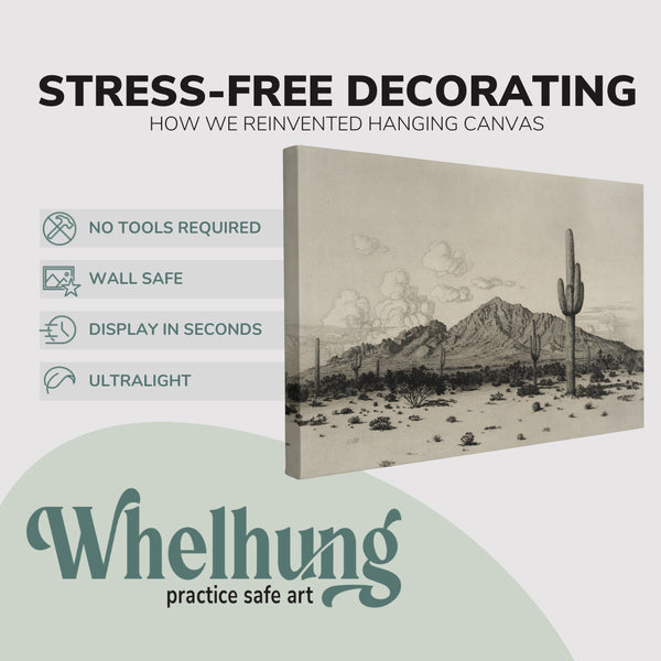 Single, 2:3 horizontal easy to hang canvas print on a graphic displaying the stress-free decorating Whelhung offers, how we reinvented hanging canvas: "no tools required", "wall safe", "display in seconds" and "ultralight."