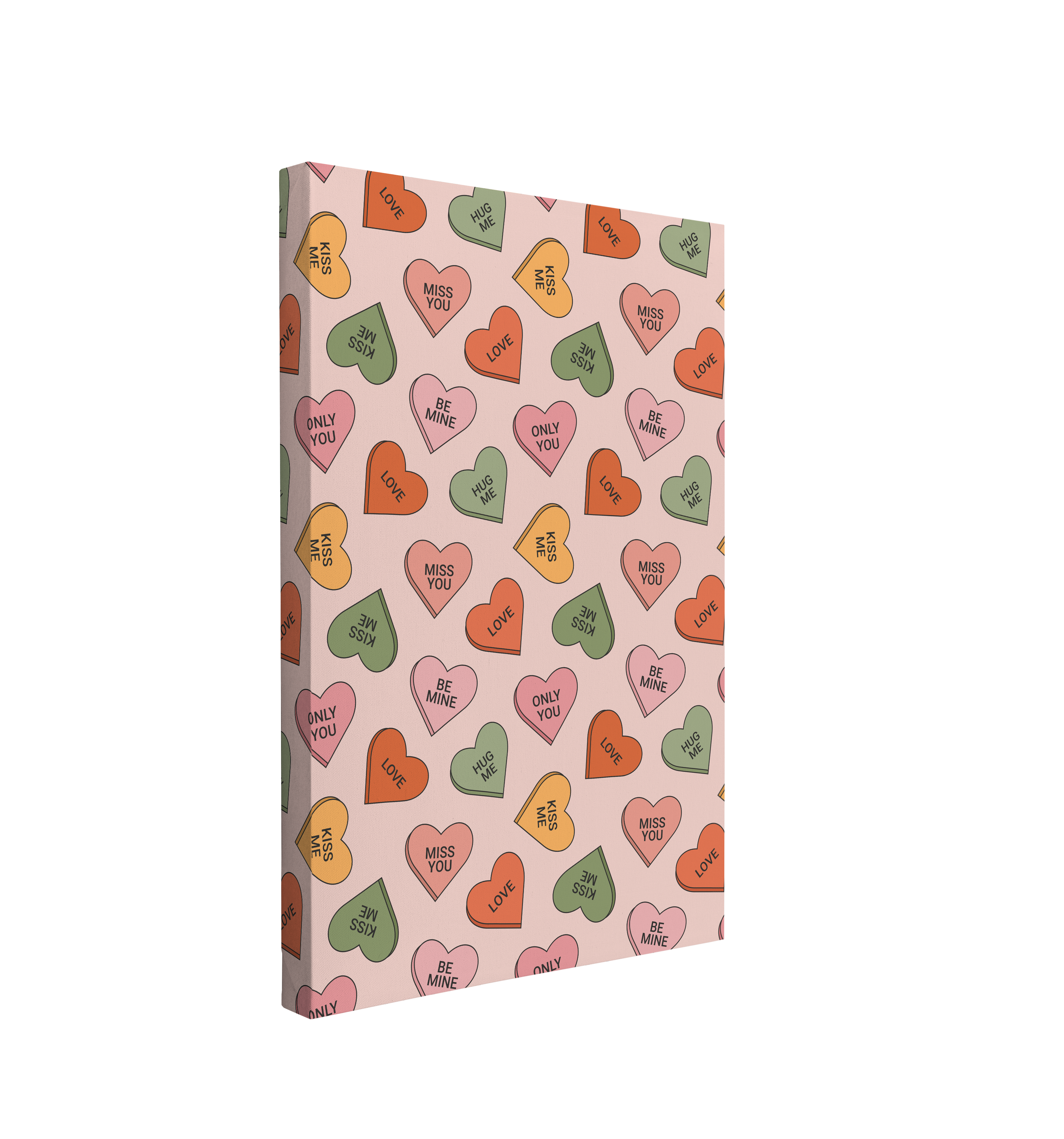 single, 2:3 vertical easy to hang canvas print on a transparent background featuring an image of graphics of many pink, green, red, yellow colored candy hearts with words like "Hug Me", "Kiss Me", "Love" and "Miss You" on a light pink background