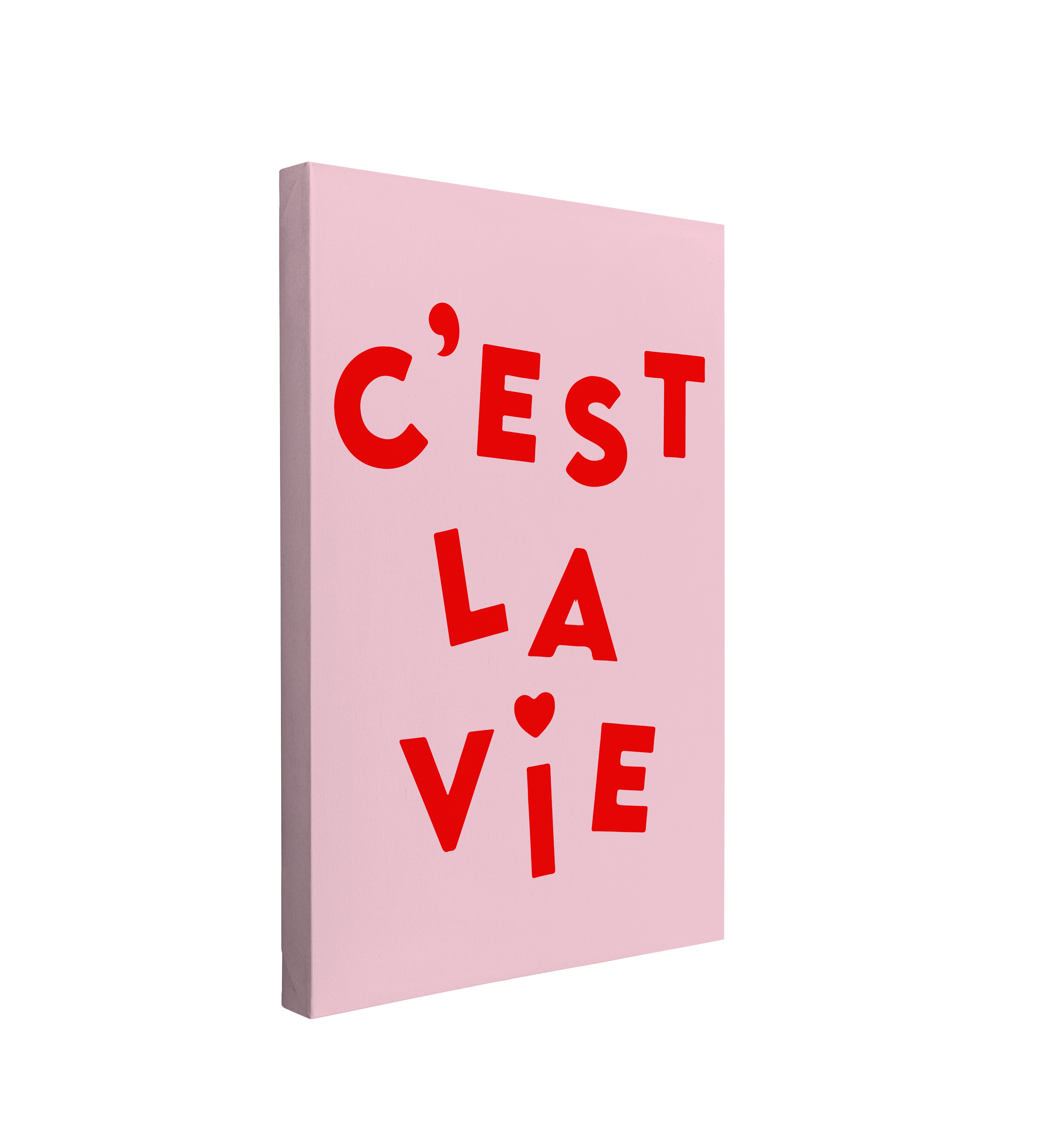 Single, 2:3 vertical easy to hang canvas print on a transparent background featuring an image of fun red font, "C'est la Vie" with a heart on the i in vie, on a light pink background.