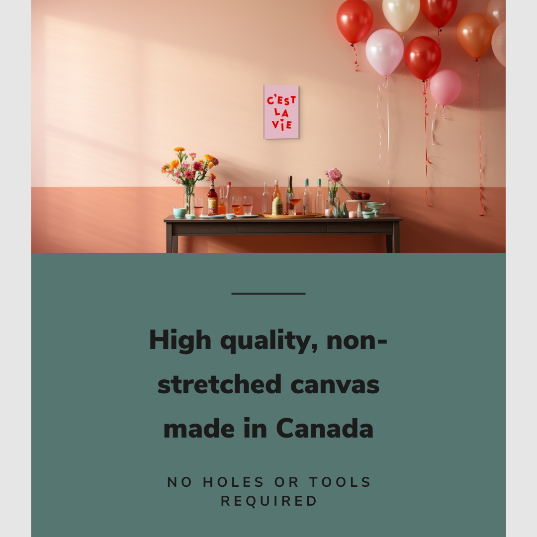 Lifestyle image of the vertical 12x18” inch easy to hang canvas wall art hung in a party room above a drink table with graphic saying "High quality, non-stretched canvas made in Canada."