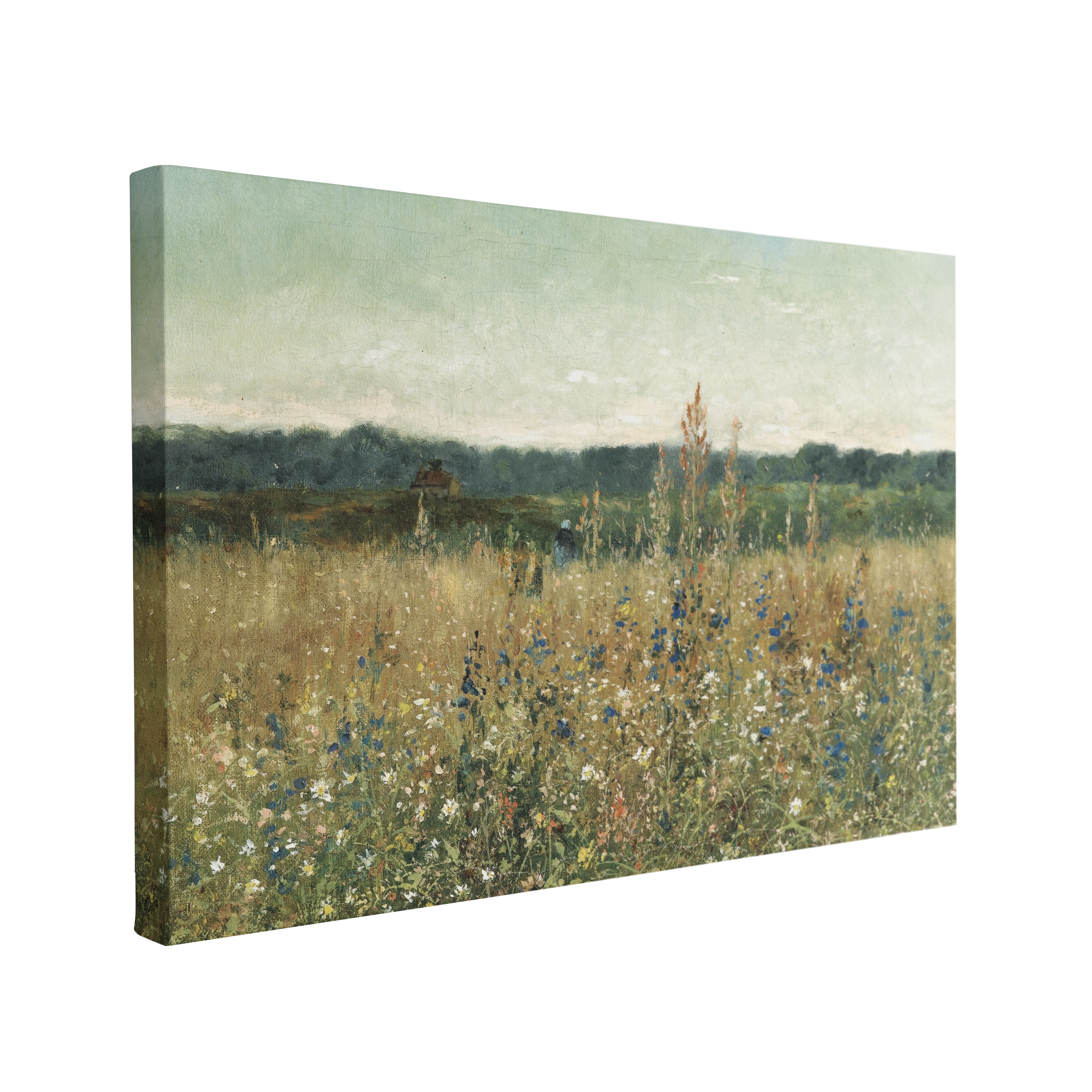 single, 2:3 horizontal easy to hang canvas print on a transparent background featuring an image of a painted meadow in the french countryside overlooking hundreds of wildflowers, a dark green forest and a green blue sky