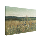 single, 2:3 horizontal easy to hang canvas print on a transparent background featuring an image of a painted meadow in the french countryside overlooking hundreds of wildflowers, a dark green forest and a green blue sky