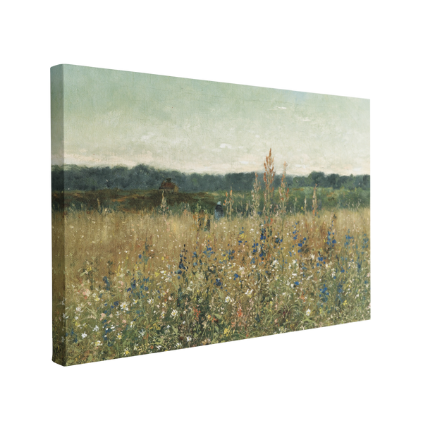 single, 2:3 horizontal easy to hang canvas print on a transparent background featuring an image of a painted meadow in the french countryside overlooking hundreds of wildflowers, a dark green forest and a green blue sky