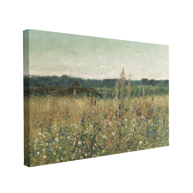 single, 2:3 horizontal easy to hang canvas print on a transparent background featuring an image of a painted meadow in the french countryside overlooking hundreds of wildflowers, a dark green forest and a green blue sky