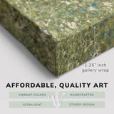 Corner shot of a Whelhung easy to hang canvas print showing the 1.25" inch gallery wrap thickness and graphic saying "Affordable, Quality Art", "Vibrant Colors", "Handcrafted", "Ultralight" and "Sturdy Design."