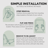 Graphic displaying steps to hang a Whelhung Canvas "Simple Installation" and "No Tools, No Screws, No Holes." Shows a hand drawn image of a hand ripping off a backing of a 3M Velcro strip with words: "Strip Removal: Carefully remove paper liner from mounting strips located on the back of your wall art." Secondly, an image of hands pressing against a canvas on the lower edges with words, "Flip and Press. Flip and place wall art against the wall in the desired location. Press areas shown and hold for 30 sec."