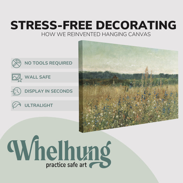 single, 2:3 horizontal easy to hang canvas print on a graphic displaying the stress-free decorating Whelhung offers, how we reinvented hanging canvas: "no tools required", "wall safe"", "display in seconds" and "ultralight."