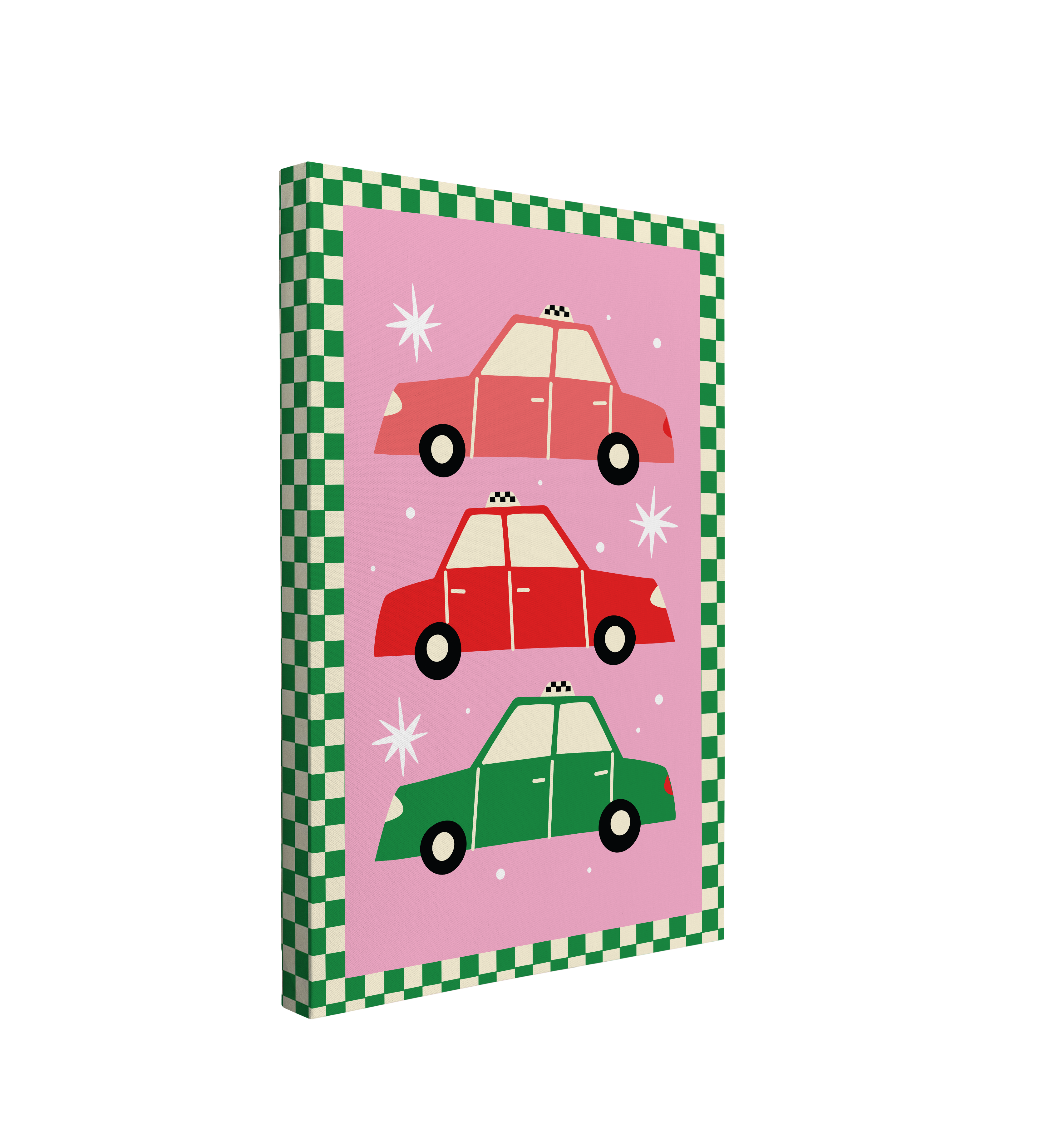 Single, 2:3 ratio vertical easy to hang canvas prints on a transparent background featuring three taxi graphics stacked vertically, colored pink, red and green, on a pink/purple background with green and white checkered print