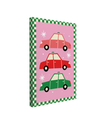 Single, 2:3 ratio vertical easy to hang canvas prints on a transparent background featuring three taxi graphics stacked vertically, colored pink, red and green, on a pink/purple background with green and white checkered print