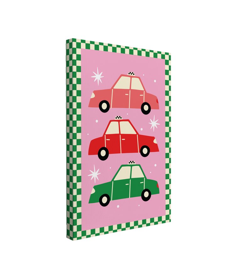 Single, 2:3 ratio vertical easy to hang canvas prints on a transparent background featuring three taxi graphics stacked vertically, colored pink, red and green, on a pink/purple background with green and white checkered print