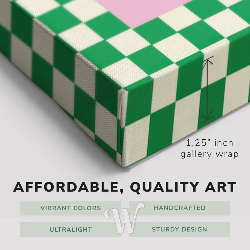 Corner shot of a Whelhung easy to hang canvas print showing the 1.25" inch gallery wrap thickness and graphic saying "Affordable, Quality Art", "Vibrant Colors", "Handcrafted", "Ultralight" and "Sturdy Design."