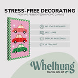 Single 2:3 ratio, vertical easy to hang canvas prints on a graphic displaying the stress-free decorating Whelhung offers, how we reinvented hanging canvas: "no tools required", "wall safe", "display in seconds" and "ultralight."