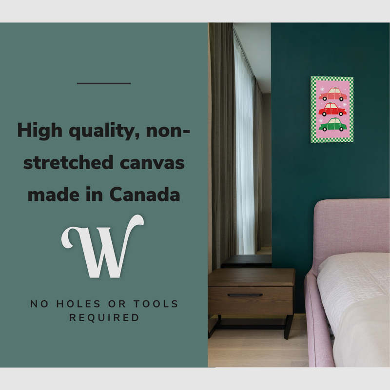 Lifestyle image of the vertical 16x24" inch easy to hang canvas wall art hung in above a bed in a bedroom with graphic saying "High quality, non-stretched canvas made in Canada"