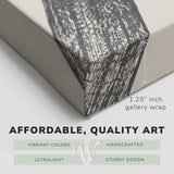 Corner shot of a Whelhung easy to hang canvas print showing the 1.25" inch gallery wrap thickness and graphic saying "Affordable, Quality Art", "Vibrant Colors", "Handcrafted", "Ultralight" and "Sturdy Design."