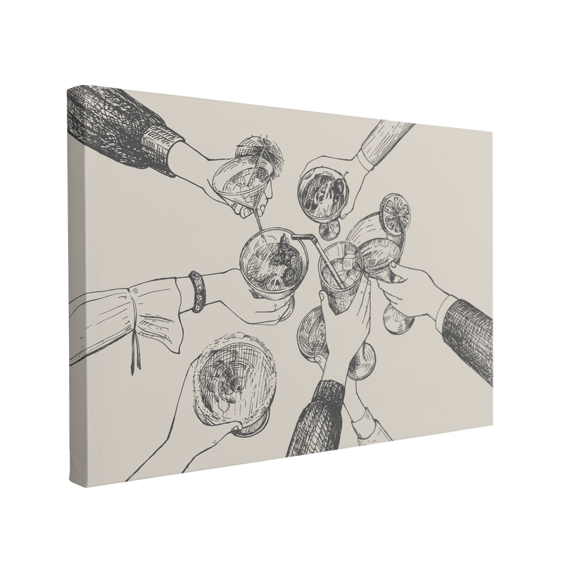 single, 2:3 horizontal easy to hang canvas print on a transparent background featuring an image of multiple outstretched hands with alchoholic cocktails going in for a "cheers", sketched in black and grey on a beige background