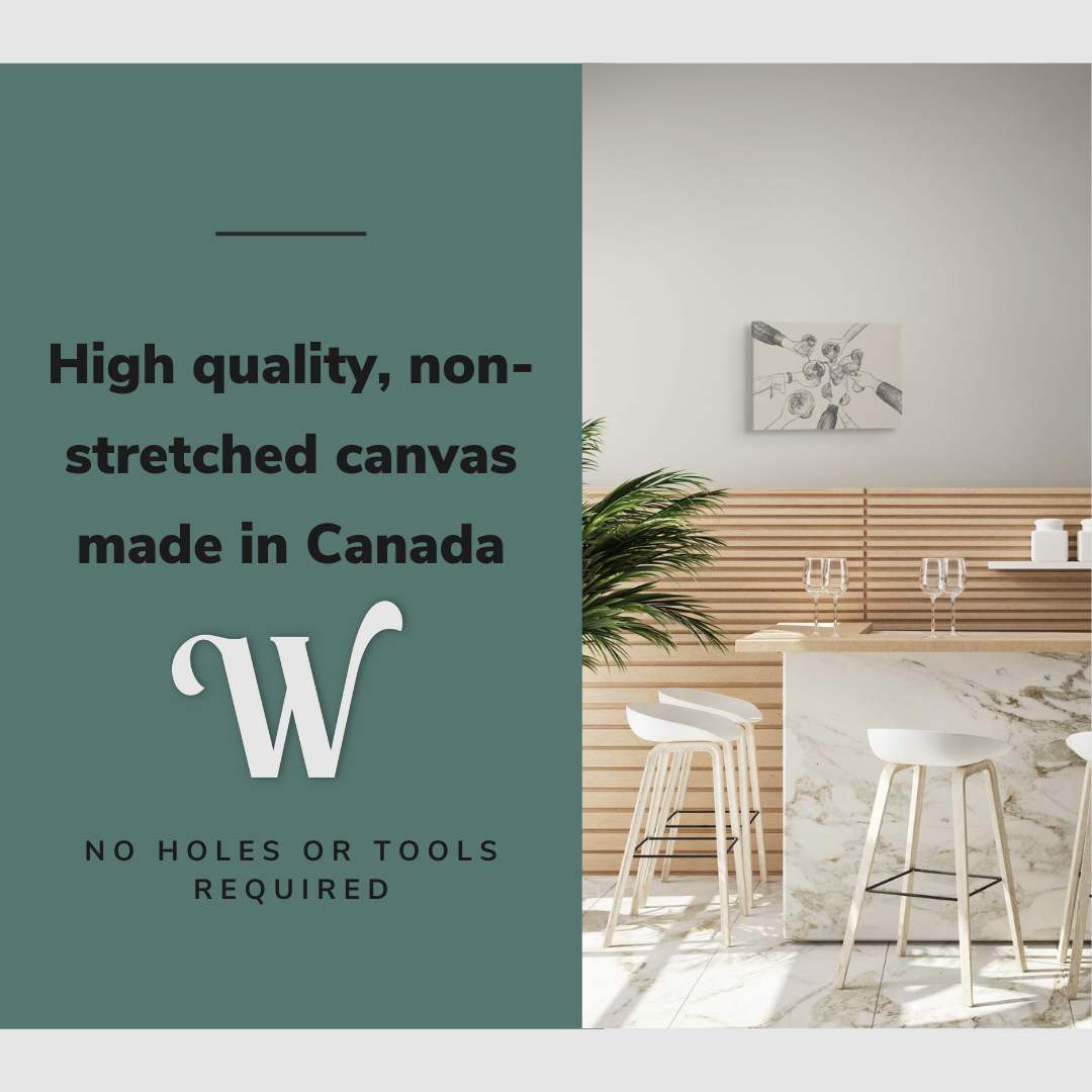 Lifestyle image of the vertical, 12x18 inch easy to hang canvas wall art hung in a classy home bar above the counter and stools with graphic saying "High quality, non-stretched canvas made in Canada"