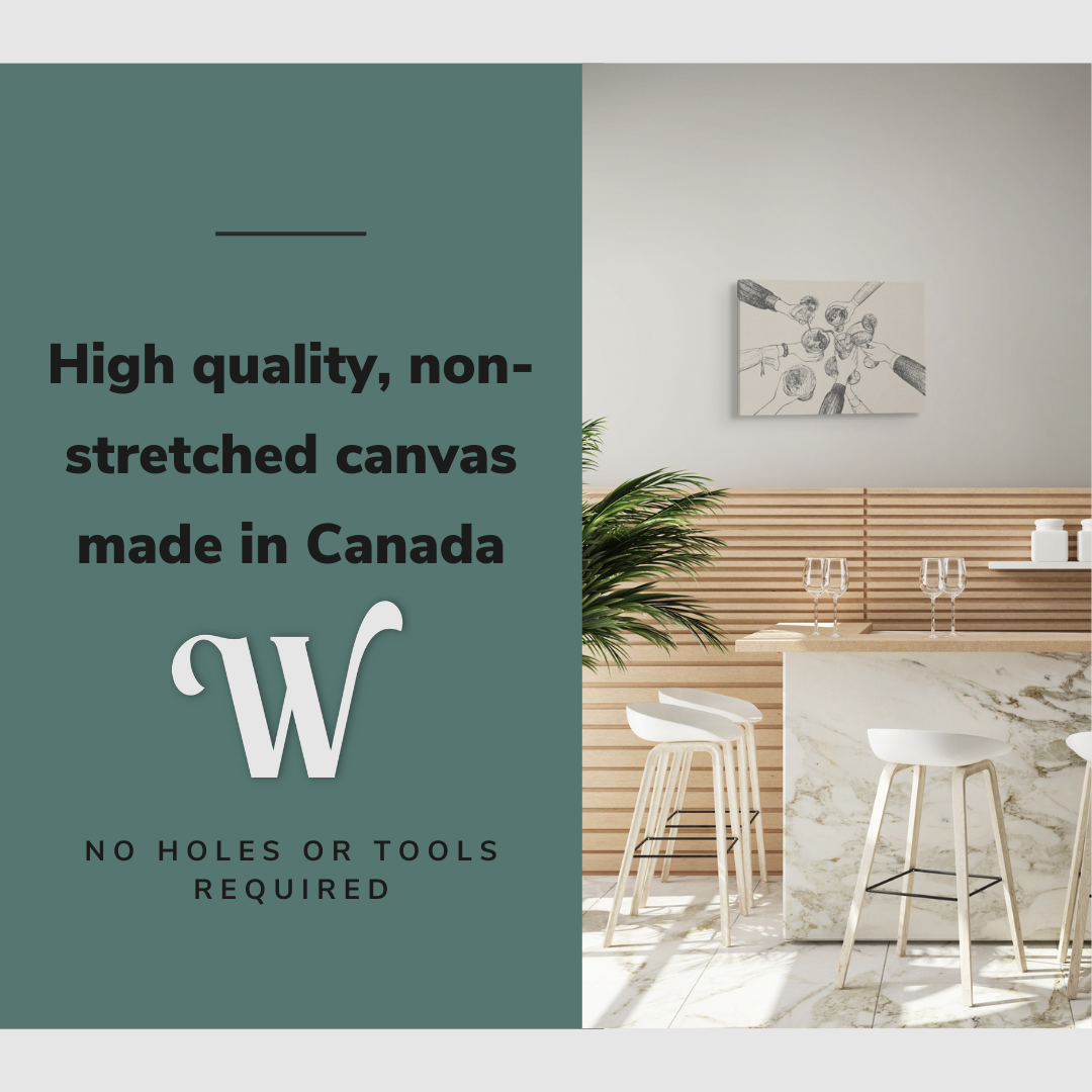 Lifestyle image of the vertical, 16x24 inch easy to hang canvas wall art hung in a classy home bar above the counter and stools with graphic saying "High quality, non-stretched canvas made in Canada"