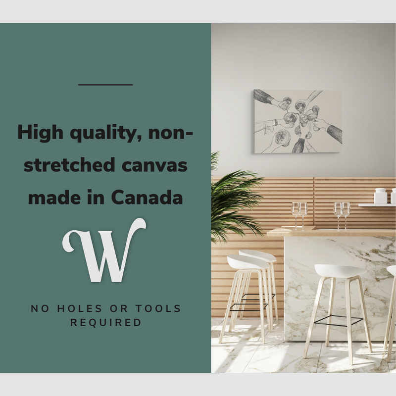 Lifestyle image of the vertical, 20x30 inch easy to hang canvas wall art hung in a classy home bar above the counter and stools with graphic saying "High quality, non-stretched canvas made in Canada"