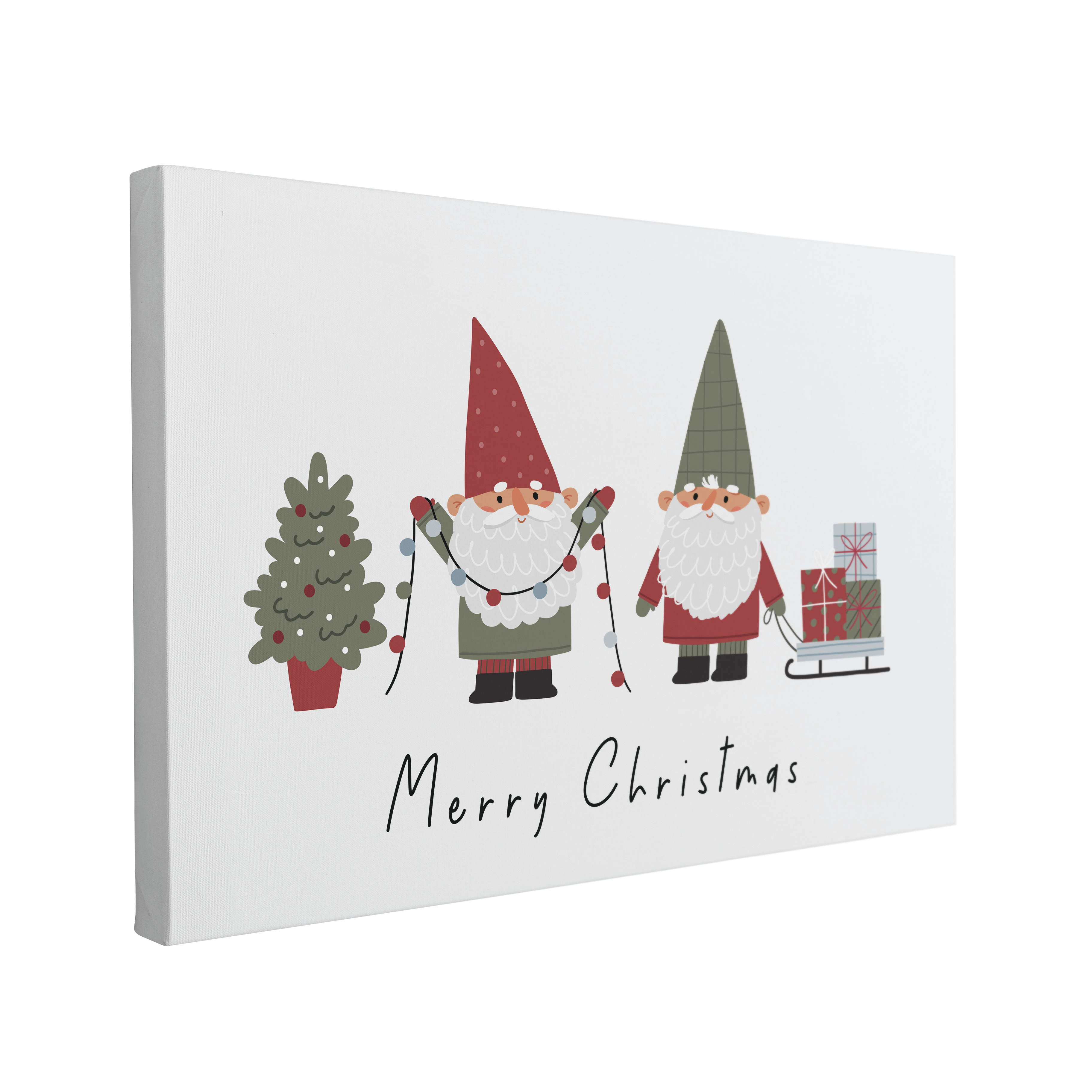 single, 2:3 horizontal easy to hang canvas print on a transparent background featuring an image of two cartoon christmas gnomes or elves, setting up christmas decorations together on a light grey background with words, "Merry Christmas" under them in black