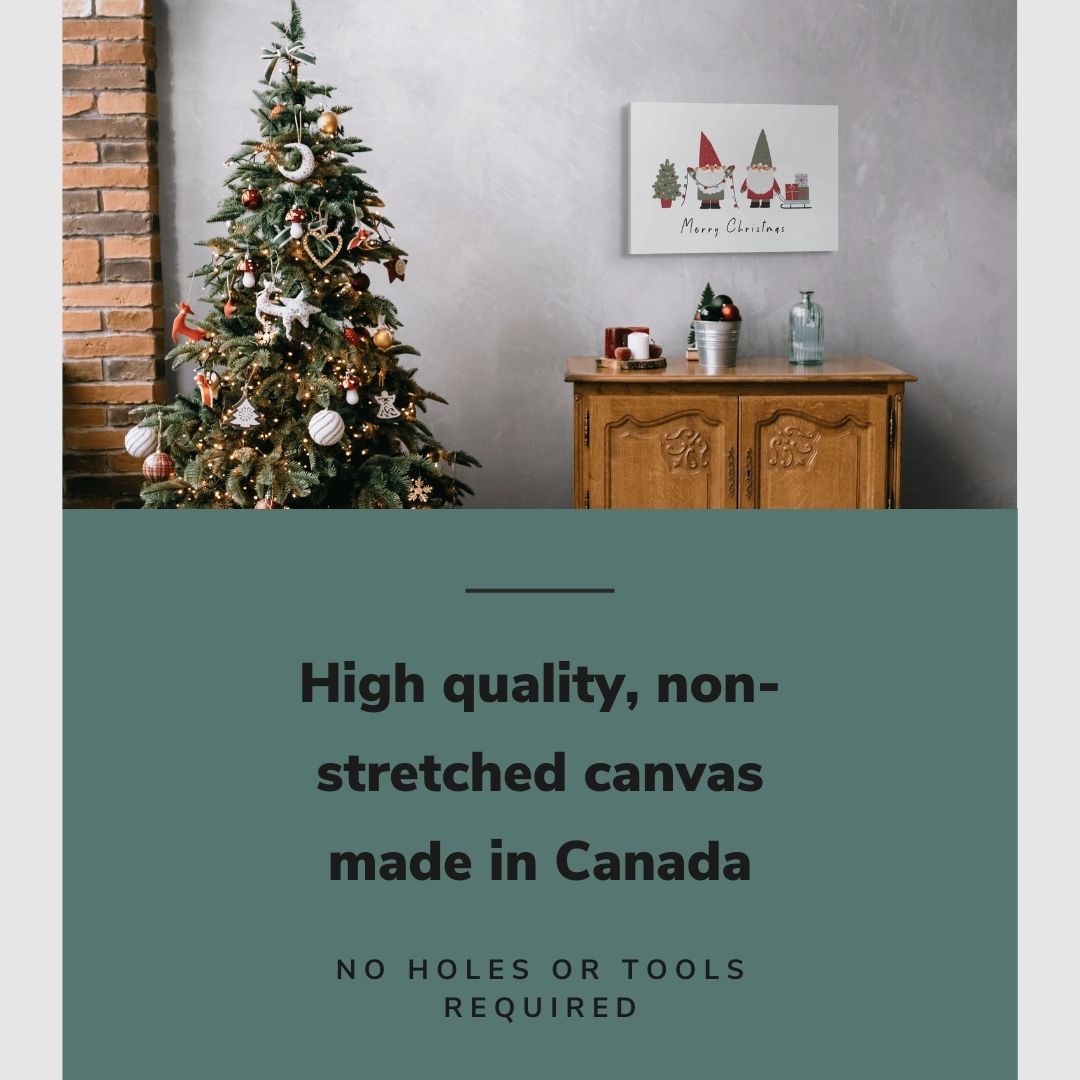 Lifestyle image of the vertical, 16x24 inch easy to hang canvas wall art hung in a christmas decorated living room above a credenza with graphic saying "High quality, non-stretched canvas made in Canada"