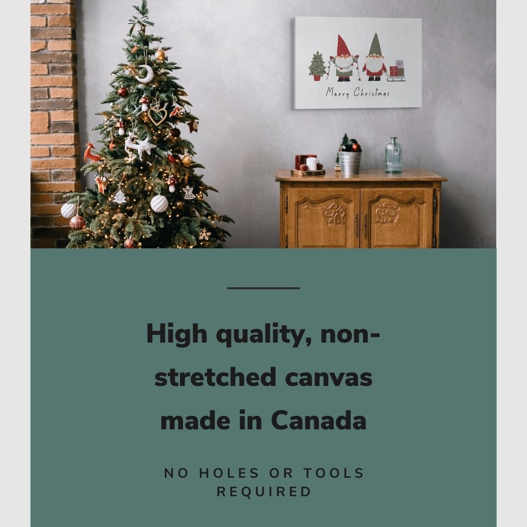 Lifestyle image of the vertical, 20x30 inch easy to hang canvas wall art hung in a christmas decorated living room above a credenza with graphic saying "High quality, non-stretched canvas made in Canada"