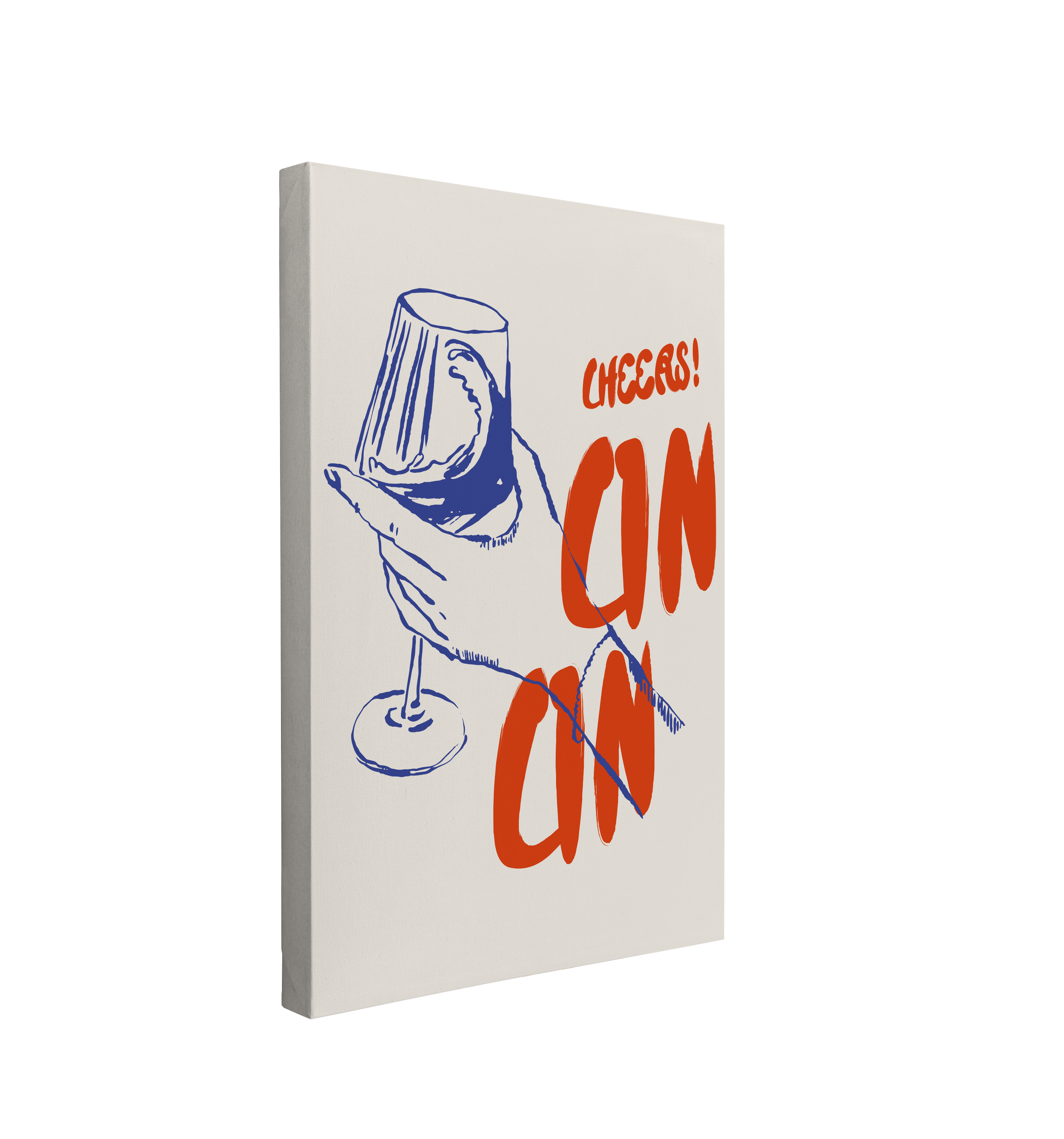 Single 2:3 ratio, vertical easy to hang canvas prints on a transparent background featuring a blue, minimalist graphic on the left of a hand holding a wine glass on a white background with red font on the right saying "Cheers! Cin Cin"