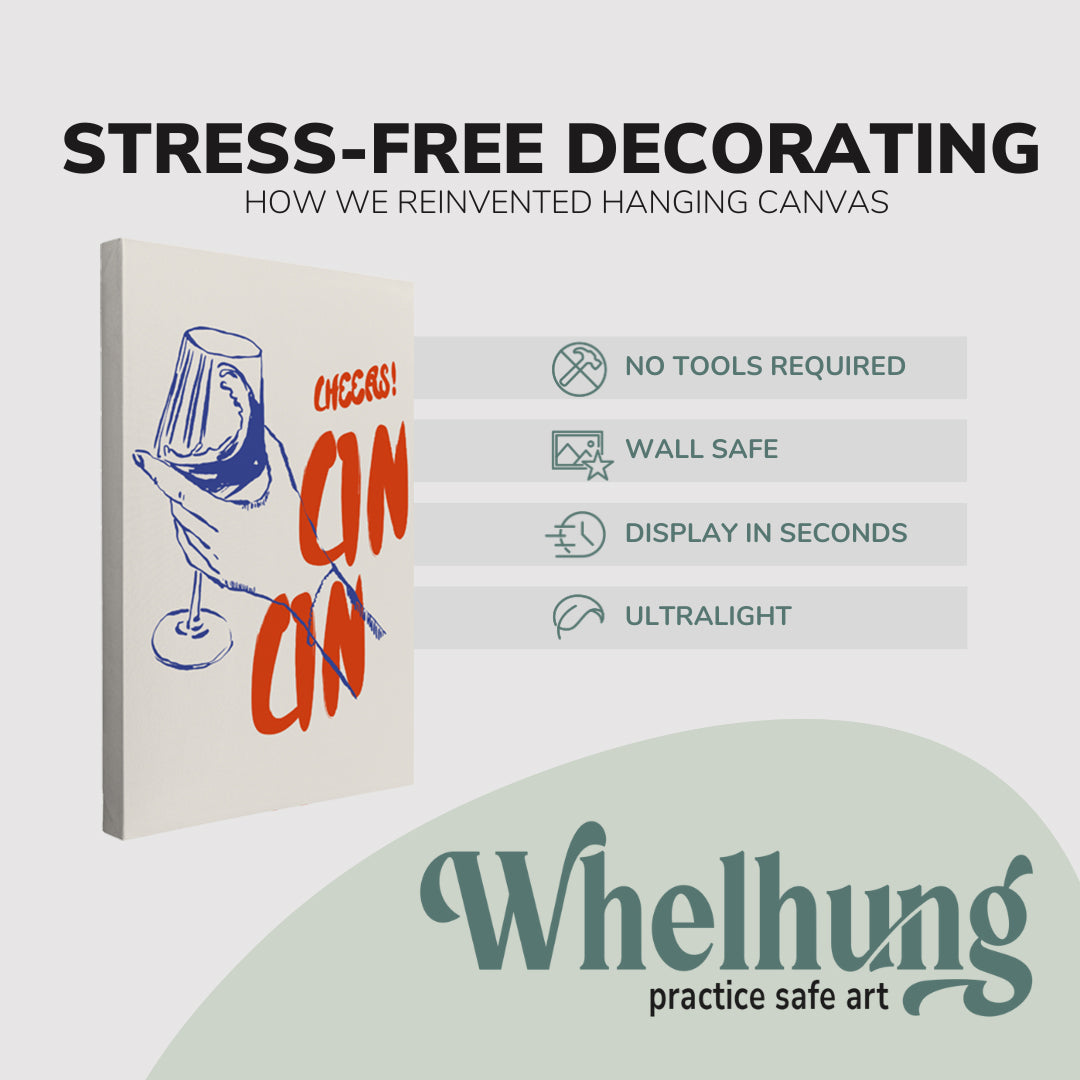 Single 2:3 ratio, vertical easy to hang canvas prints on a graphic displaying the stress-free decorating Whelhung offers, how we reinvented hanging canvas: "no tools required", "wall safe", "display in seconds" and "ultralight." 