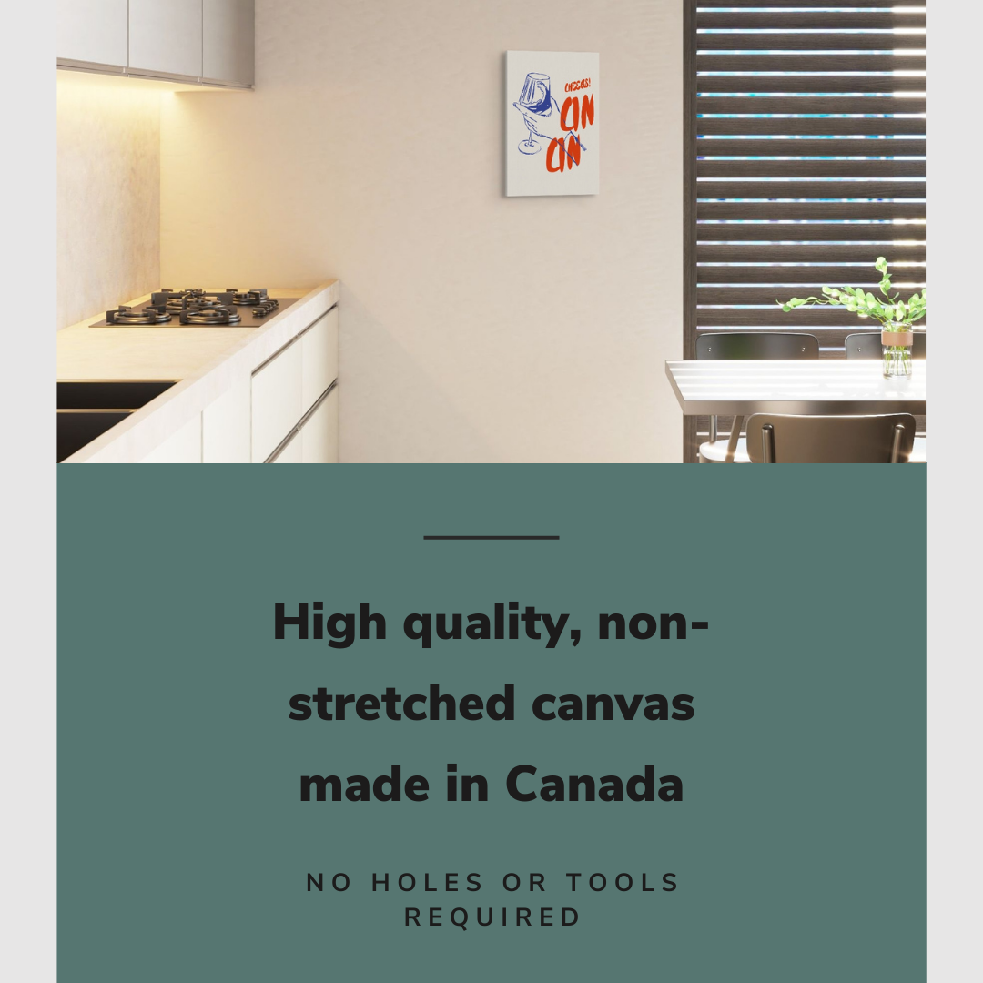 Lifestyle image of the vertical 12x18" inch easy to hang canvas wall art hung in a kitchen next to a stove and a dining room table with graphic saying "High quality, non-stretched canvas made in Canada"