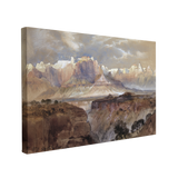 Single, 2:3 horizontal easy to hang canvas print on a transparent background featuring an image of watercolor mountains in shades of brown, blue and white.